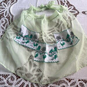 Vintage Green Chiffon Half Apron Pockets Chicken Rooster Farm Scene Retro Kitche